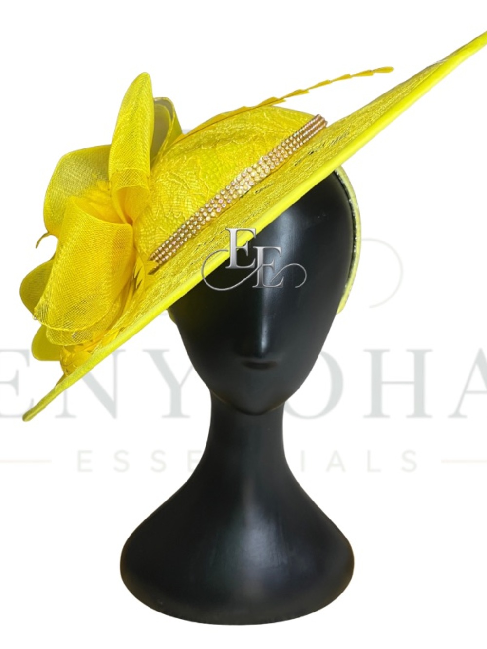 Sunshine Yellow Wide-Brim Lace Fascinator with Crystal Band